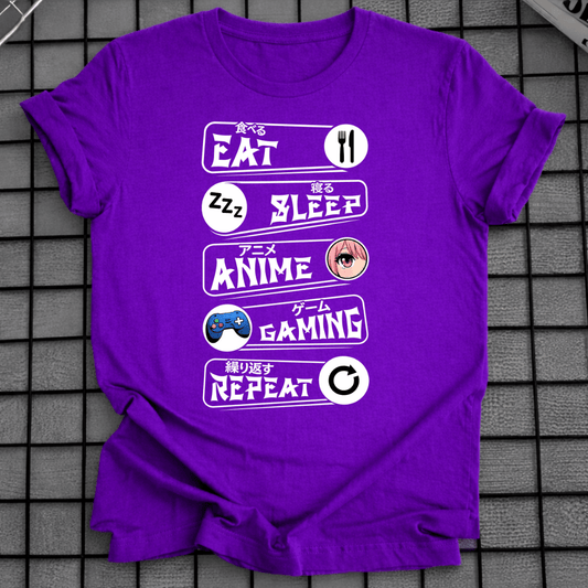 EAT SLEEP ANIME GAMING REPEAT T-SHIRT