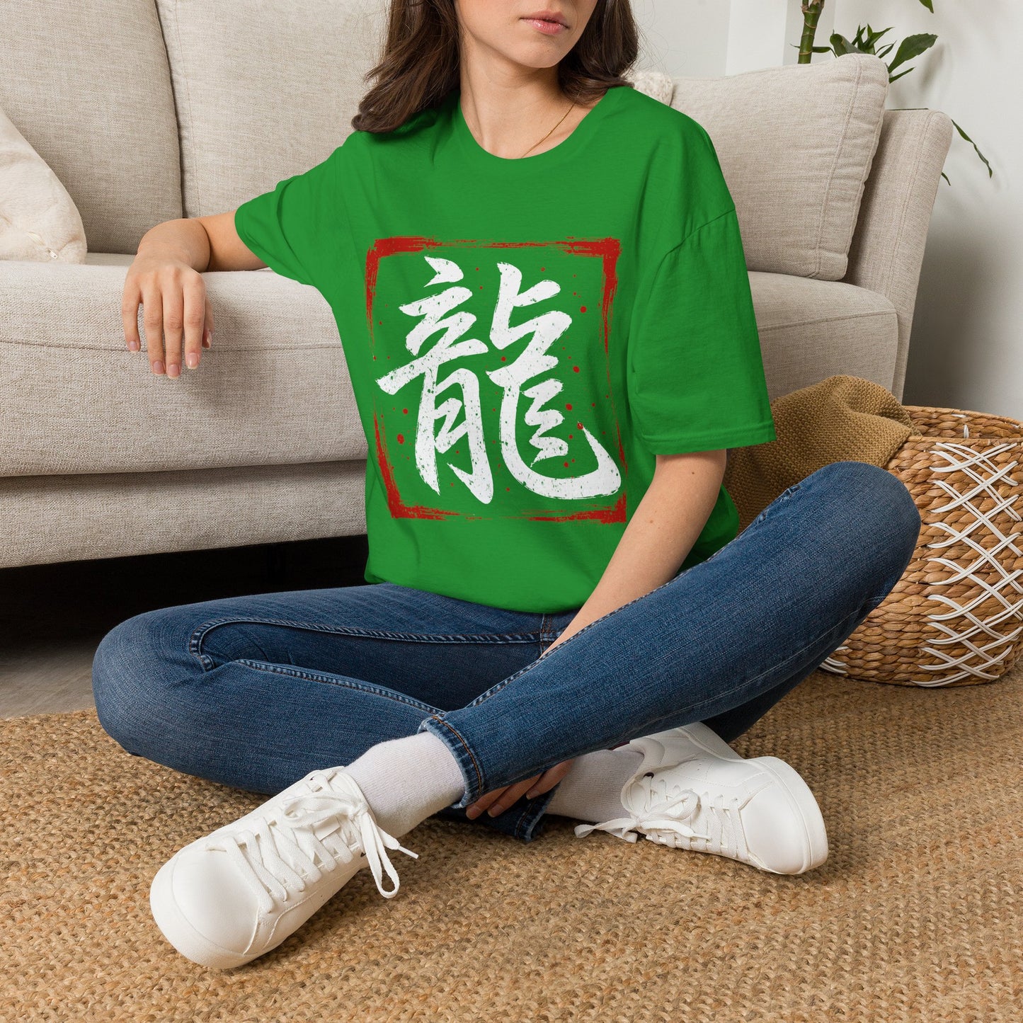 Dragon Kanji T-Shirt — Bold Red Stamp Japanese Calligraphy Tee