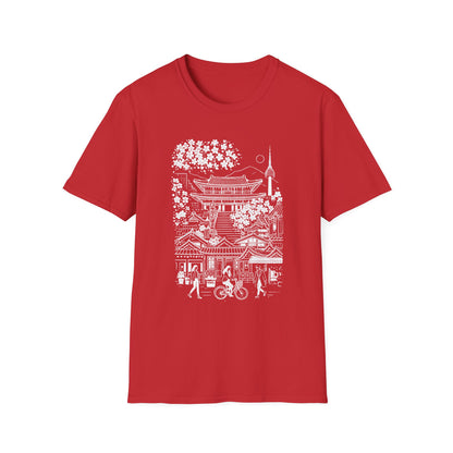 Korean Temple & Cherry Blossom T-Shirt — Seoul Pagoda Skyline Tee