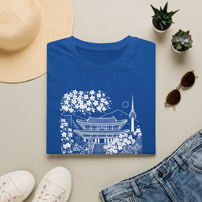 Korean Temple & Cherry Blossom T-Shirt — Seoul Pagoda Skyline Tee