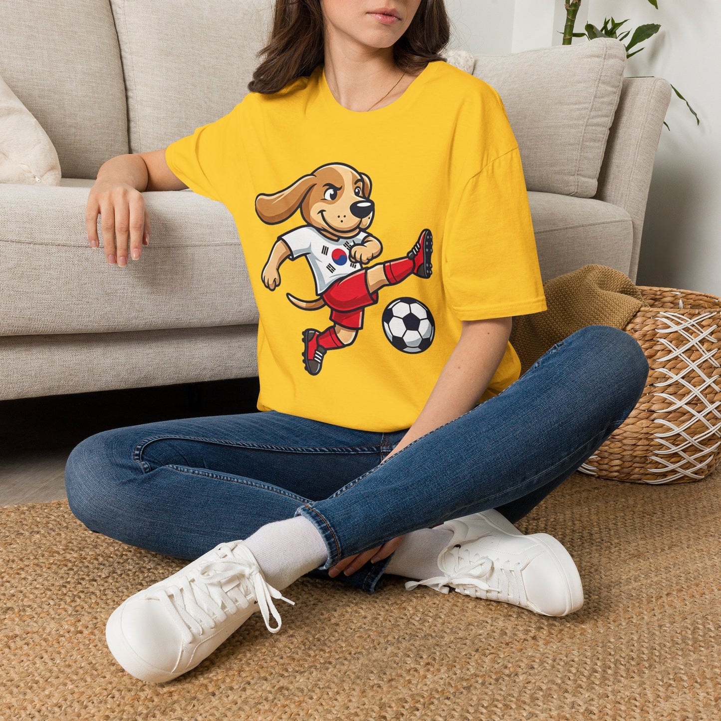 Kids’ Soccer Dog T-Shirt — Cute Cartoon Puppy Kicking Ball (Korean Flag Jersey)