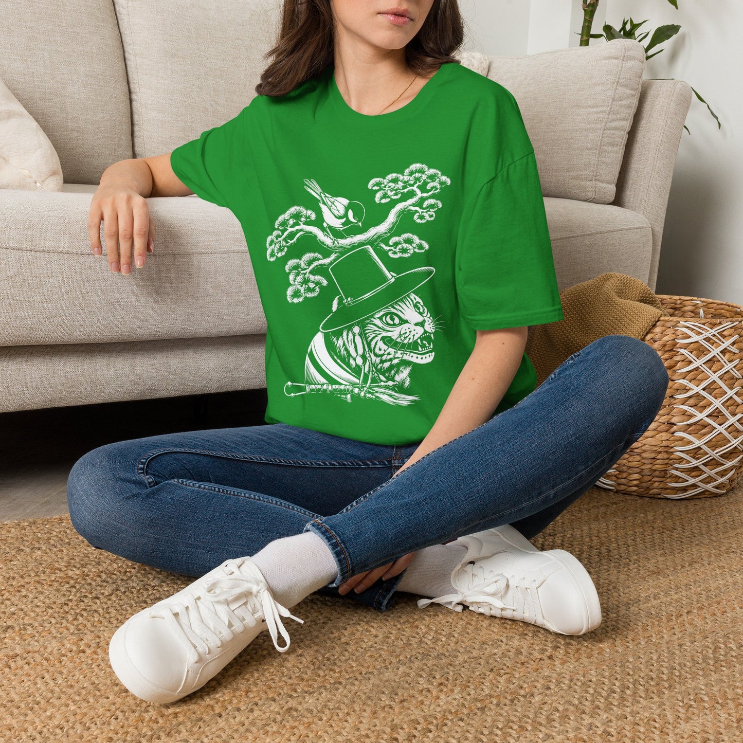 Cat in Top Hat T-Shirt — Whimsical Noir Cat & Bird Graphic Tee