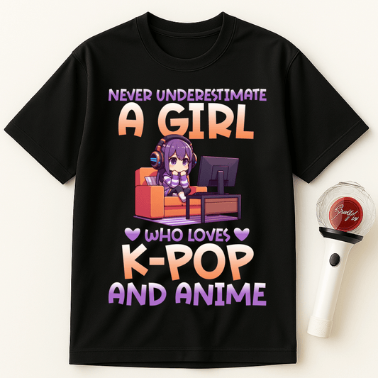NEVER UNDERESTIMATE A GIRL WHO LOVES K-POP AND ANIME UNISEX T-SHIRT