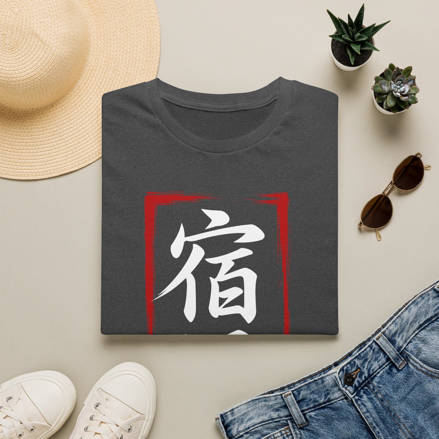 Kanji 'Fate' Graphic T-Shirt — Japanese 宿縁 Red Brushstroke Design