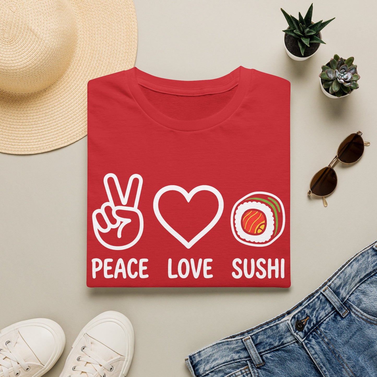 Peace Love Sushi T-Shirt — Cute Sushi Graphic Tee for Foodies