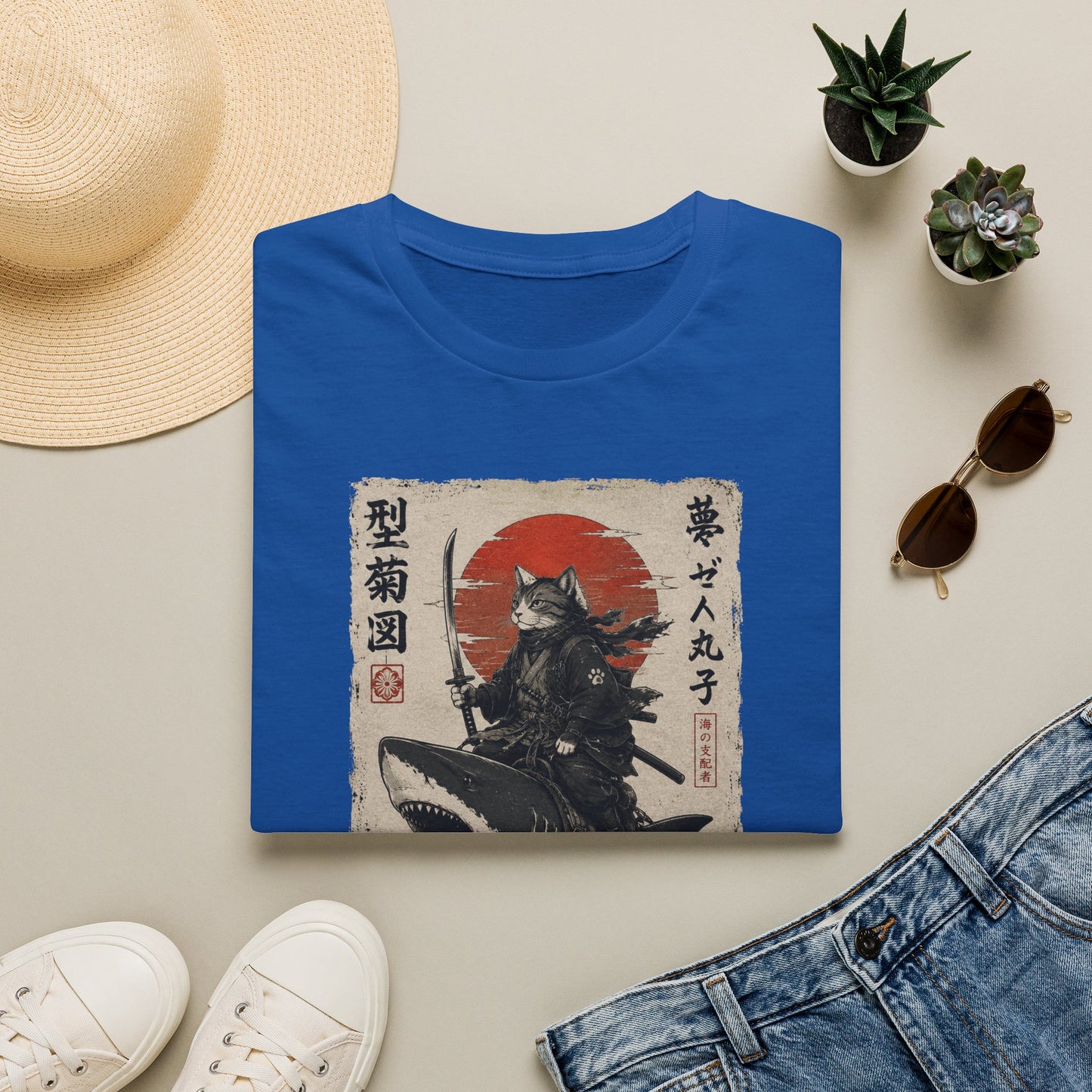 Samurai Cat T-Shirt — Vintage Japanese Warrior Design (Red Sun)