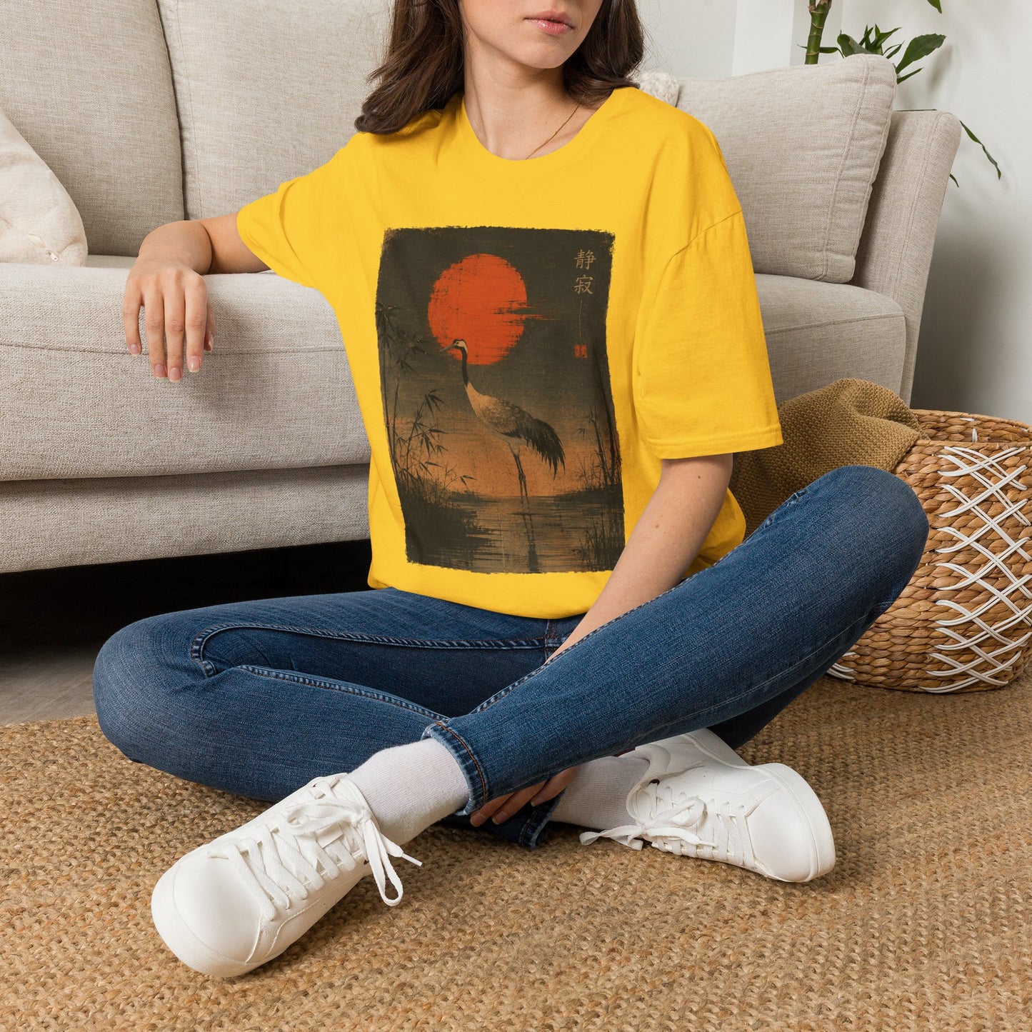 Crane & Red Sun T-Shirt — Japanese Vintage Sunset Tee