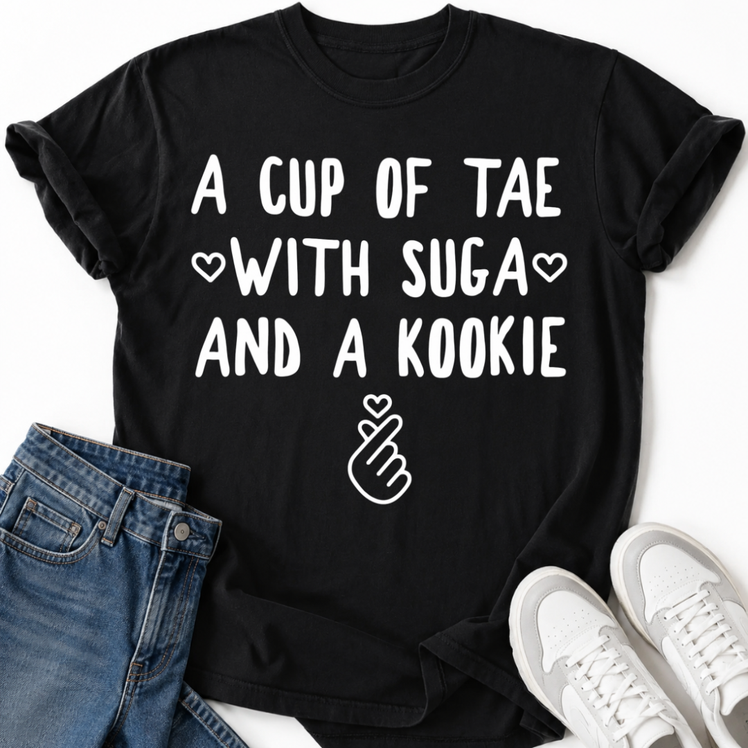 A CUP OF TAE SUGA AND A KOOKIE T-SHIRT