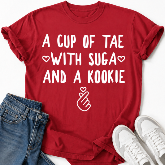 A CUP OF TAE SUGA AND A KOOKIE T-SHIRT