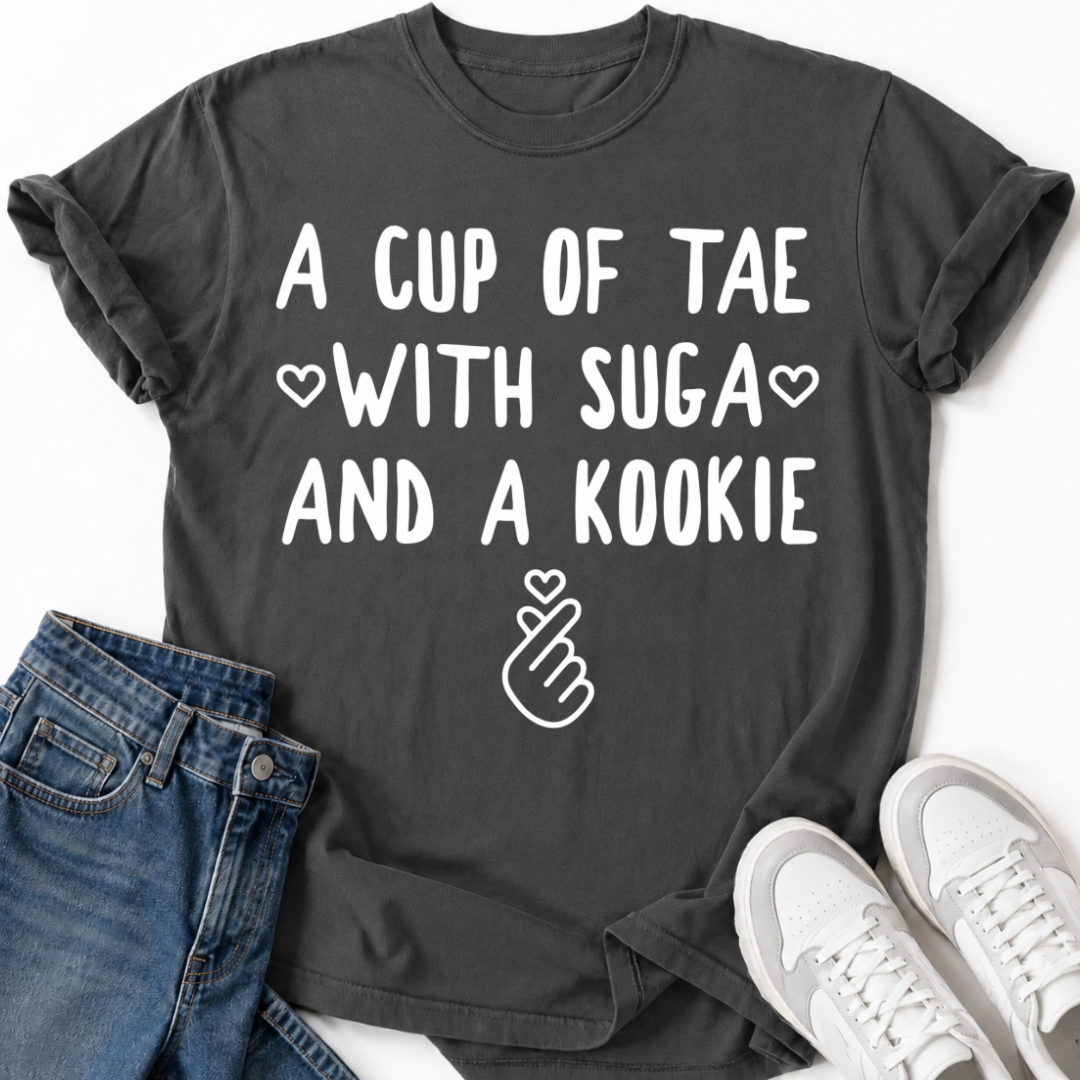 A CUP OF TAE SUGA AND A KOOKIE T-SHIRT