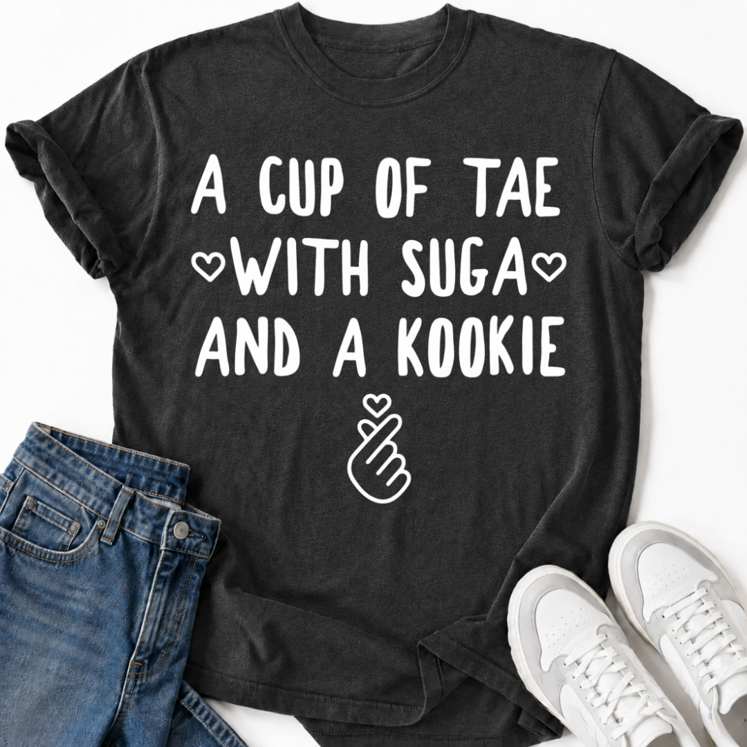 A CUP OF TAE SUGA AND A KOOKIE T-SHIRT