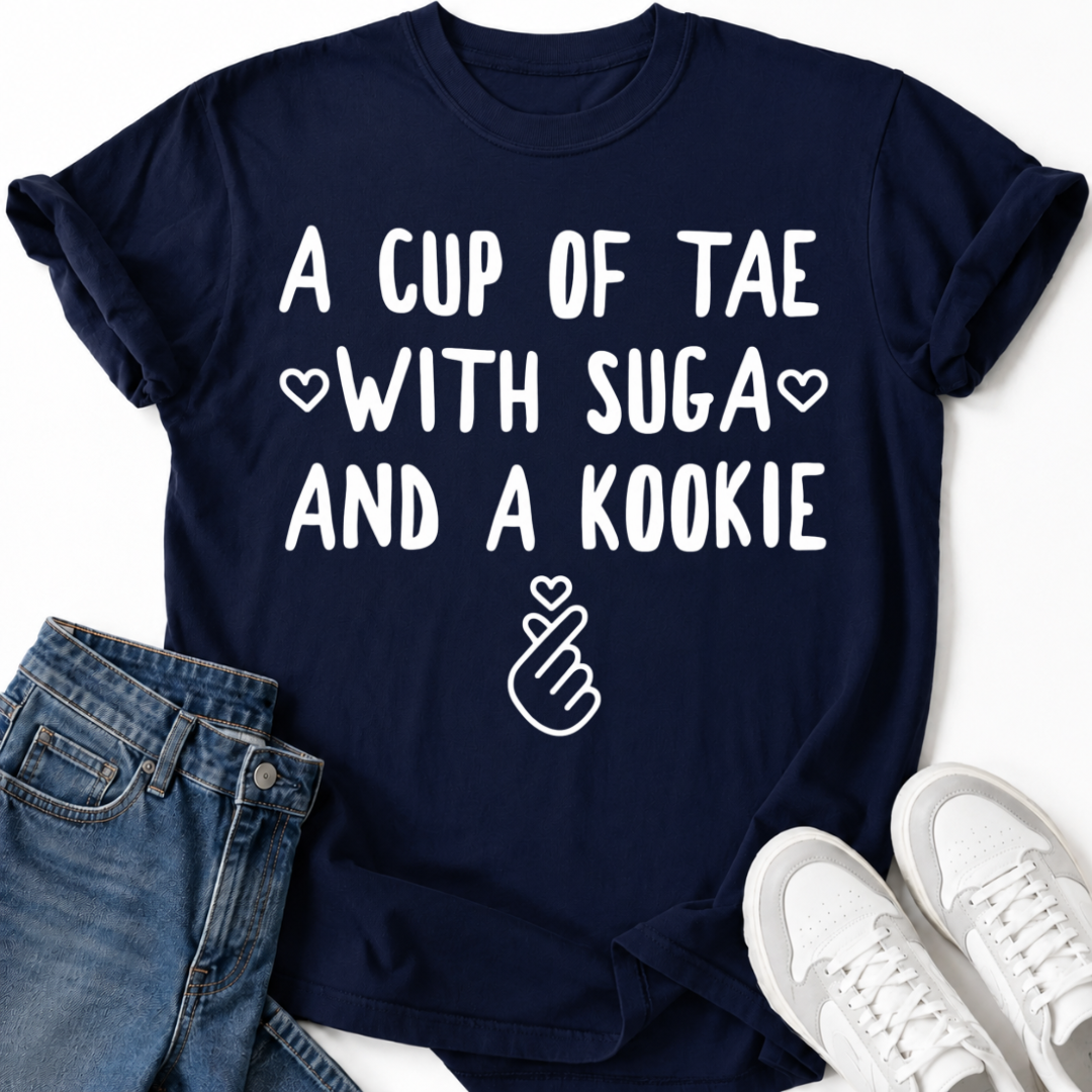 A CUP OF TAE SUGA AND A KOOKIE T-SHIRT