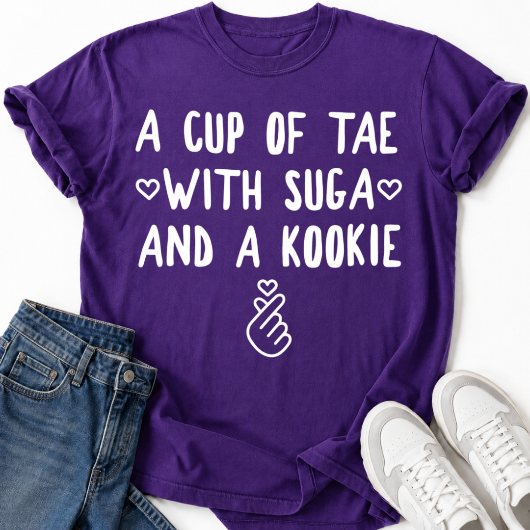 A CUP OF TAE SUGA AND A KOOKIE T-SHIRT