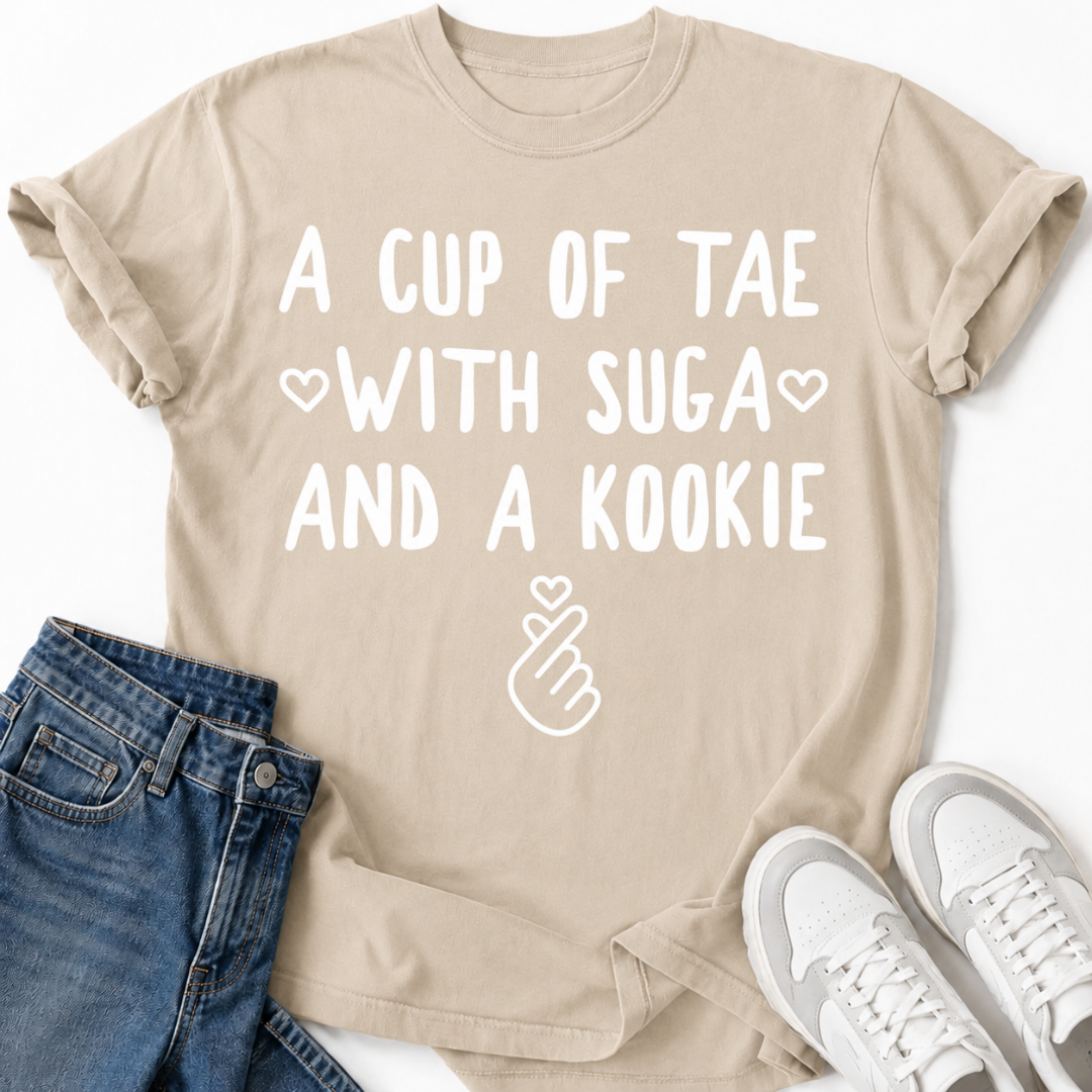 A CUP OF TAE SUGA AND A KOOKIE T-SHIRT