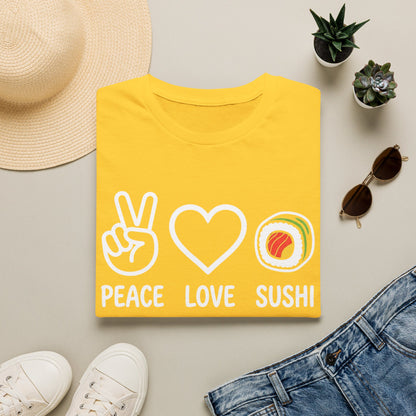 Peace Love Sushi T-Shirt — Cute Sushi Graphic Tee for Foodies