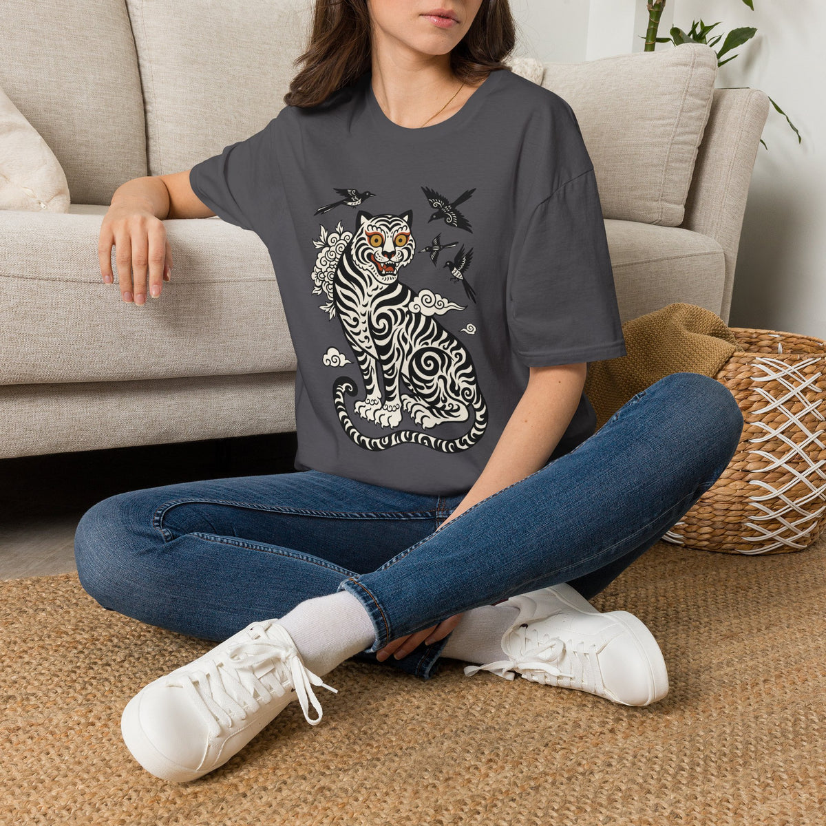 Tiger & Crows Graphic T-Shirt — Bold Japanese-Inspired Tattoo Style