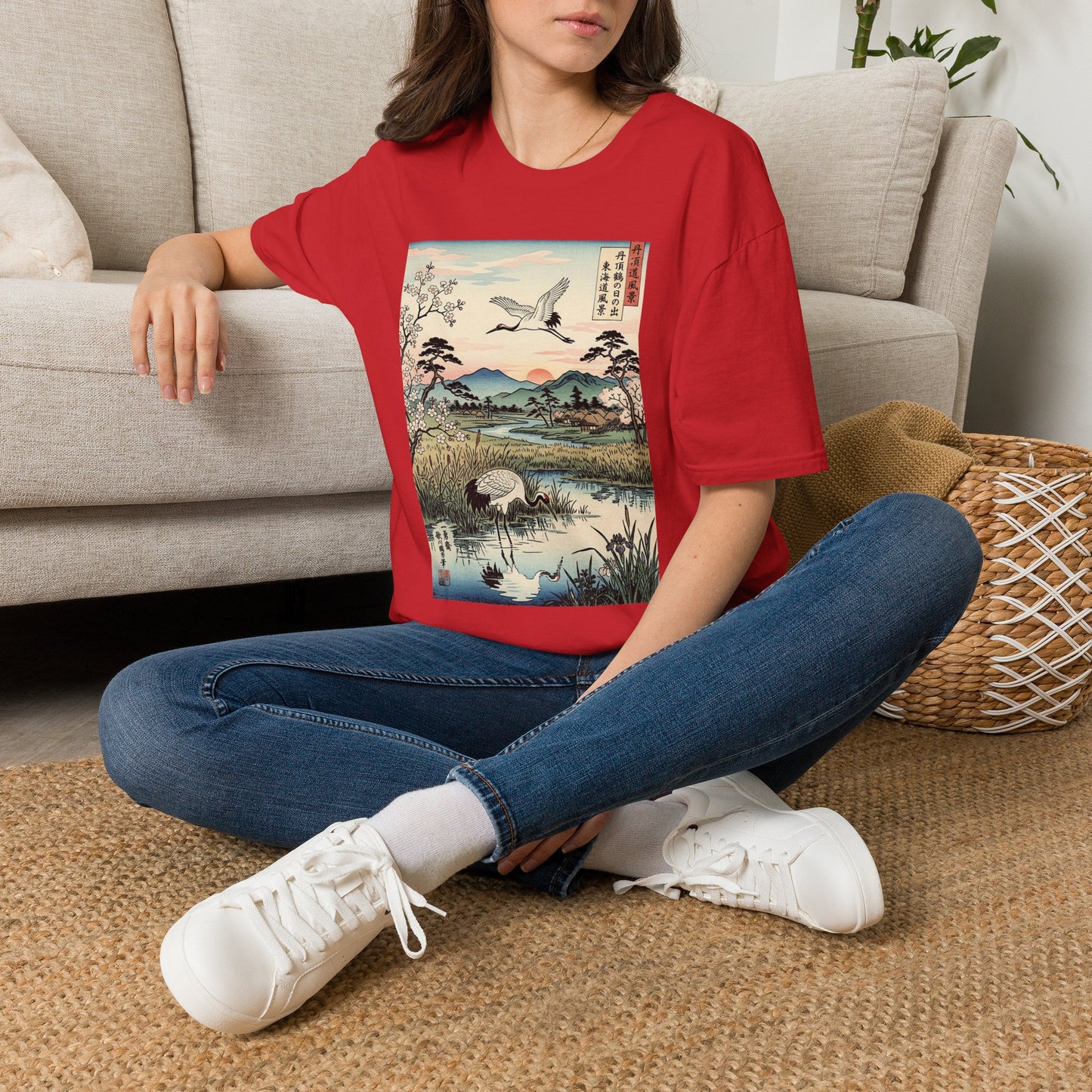 Japanese Crane Print T-Shirt — Vintage Ukiyo-e Landscape Tee