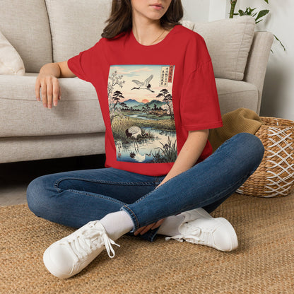 Japanese Crane Print T-Shirt — Vintage Ukiyo-e Landscape Tee