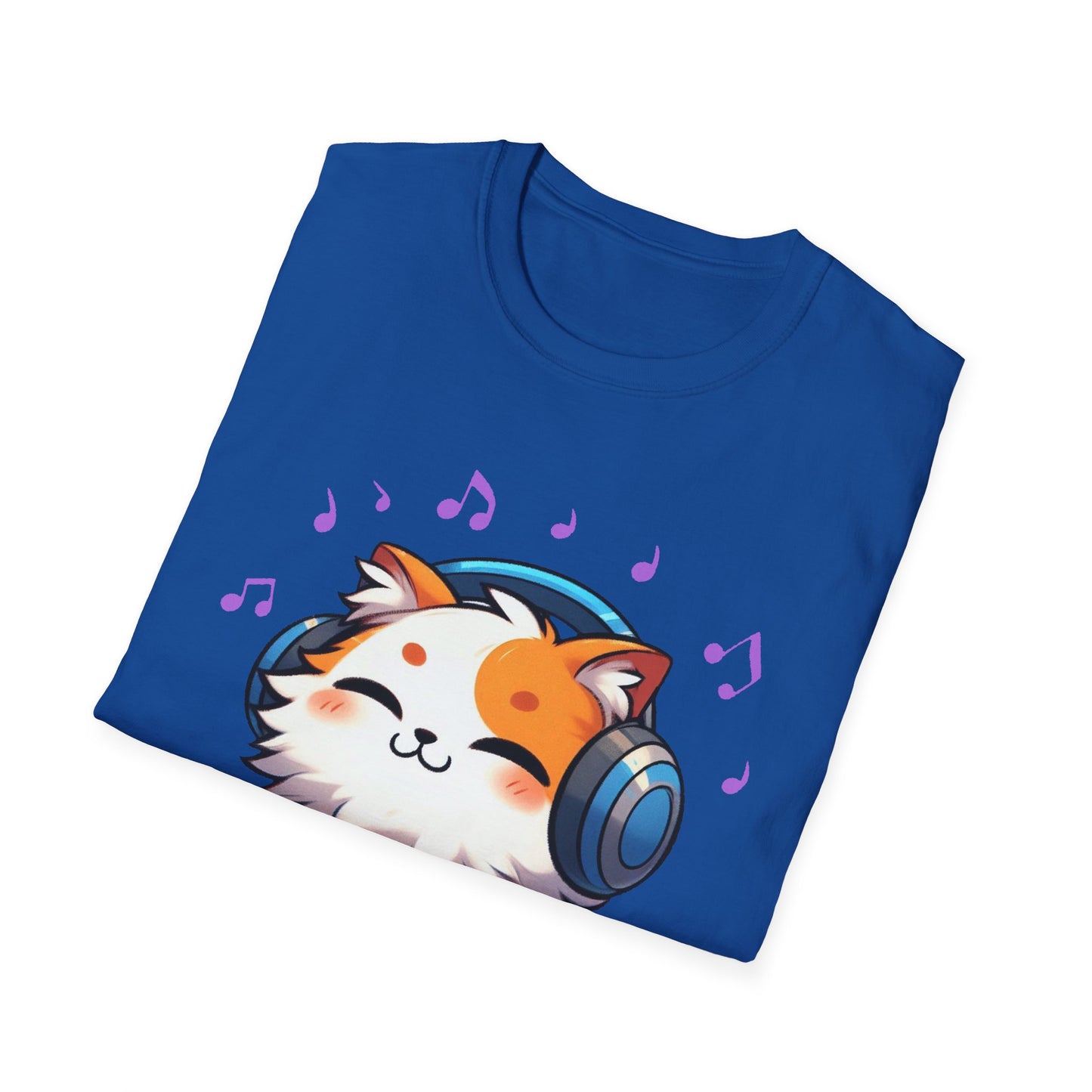 Cute Cat Music Lover T-Shirt - Unisex Softstyle Tee with Headphones and Musical Notes
