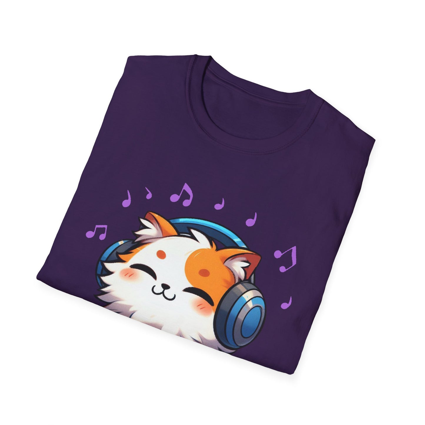 Cute Cat Music Lover T-Shirt - Unisex Softstyle Tee with Headphones and Musical Notes