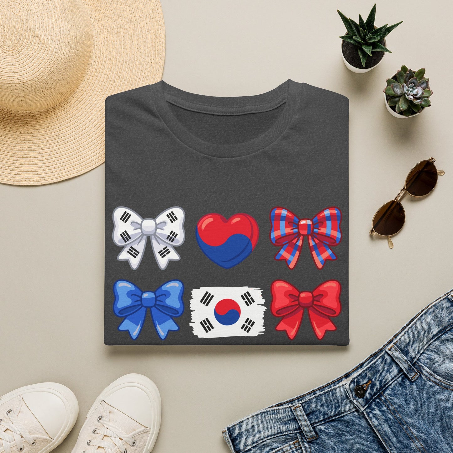 South Korea Bow Graphic T‑Shirt — Korean Flag Heart & Ribbon Design