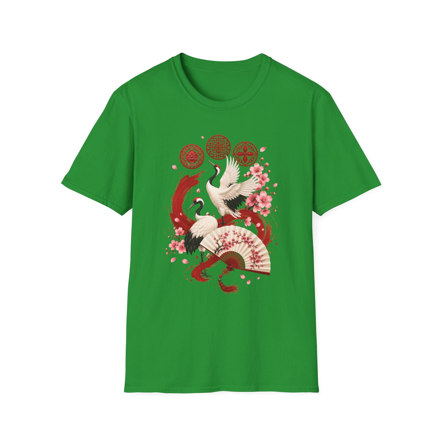 Crane & Cherry Blossom T-Shirt — Asian-Inspired Zen Floral Design