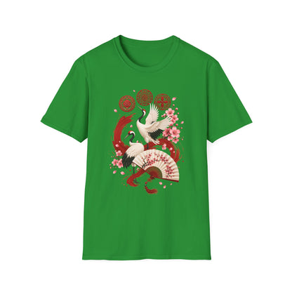 Crane & Cherry Blossom T-Shirt — Asian-Inspired Zen Floral Design