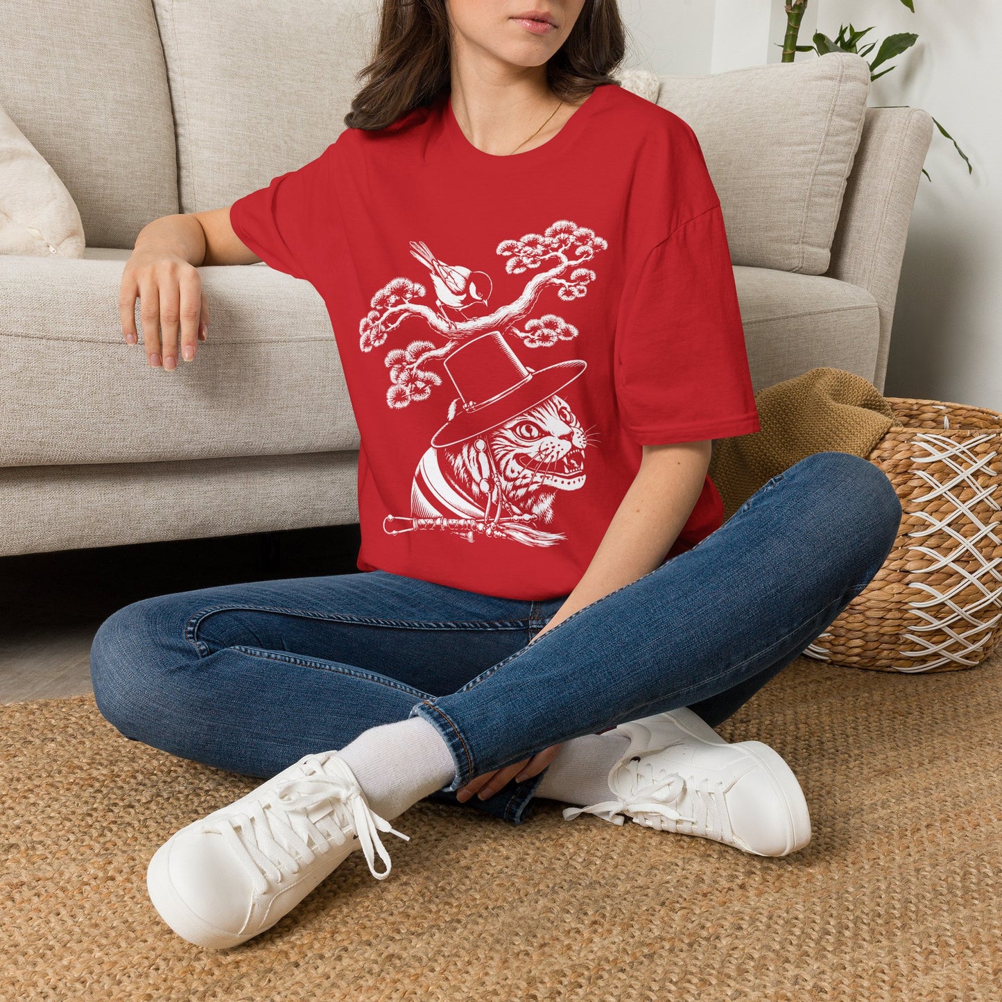 Cat in Top Hat T-Shirt — Whimsical Noir Cat & Bird Graphic Tee
