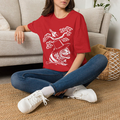 Cat in Top Hat T-Shirt — Whimsical Noir Cat & Bird Graphic Tee