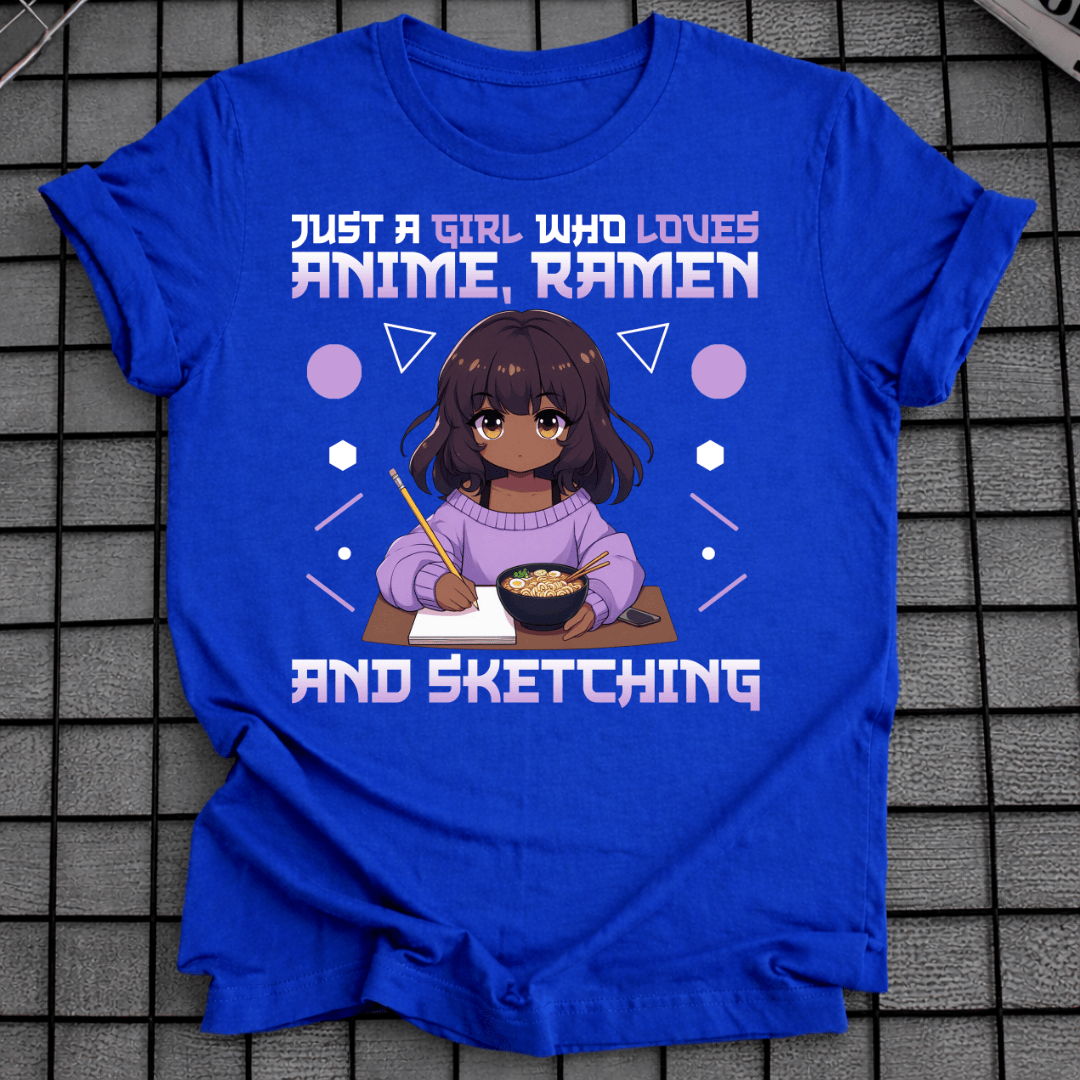 Mädchen, das Anime Ramen Skizzieren liebt T-Shirt