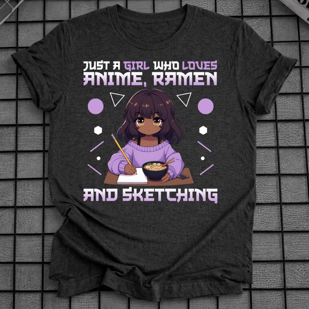 Mädchen, das Anime Ramen Skizzieren liebt T-Shirt