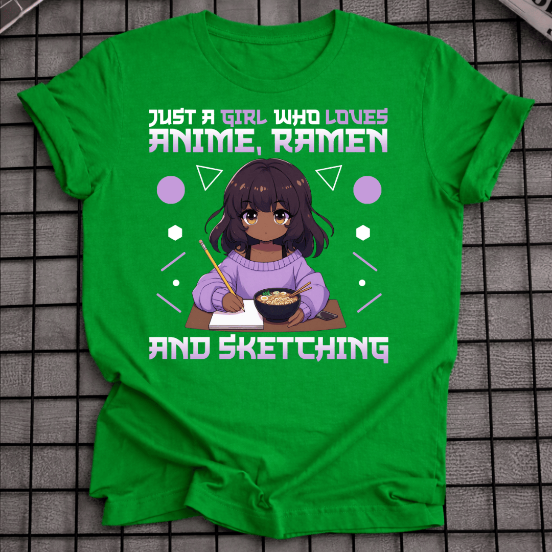Mädchen, das Anime Ramen Skizzieren liebt T-Shirt