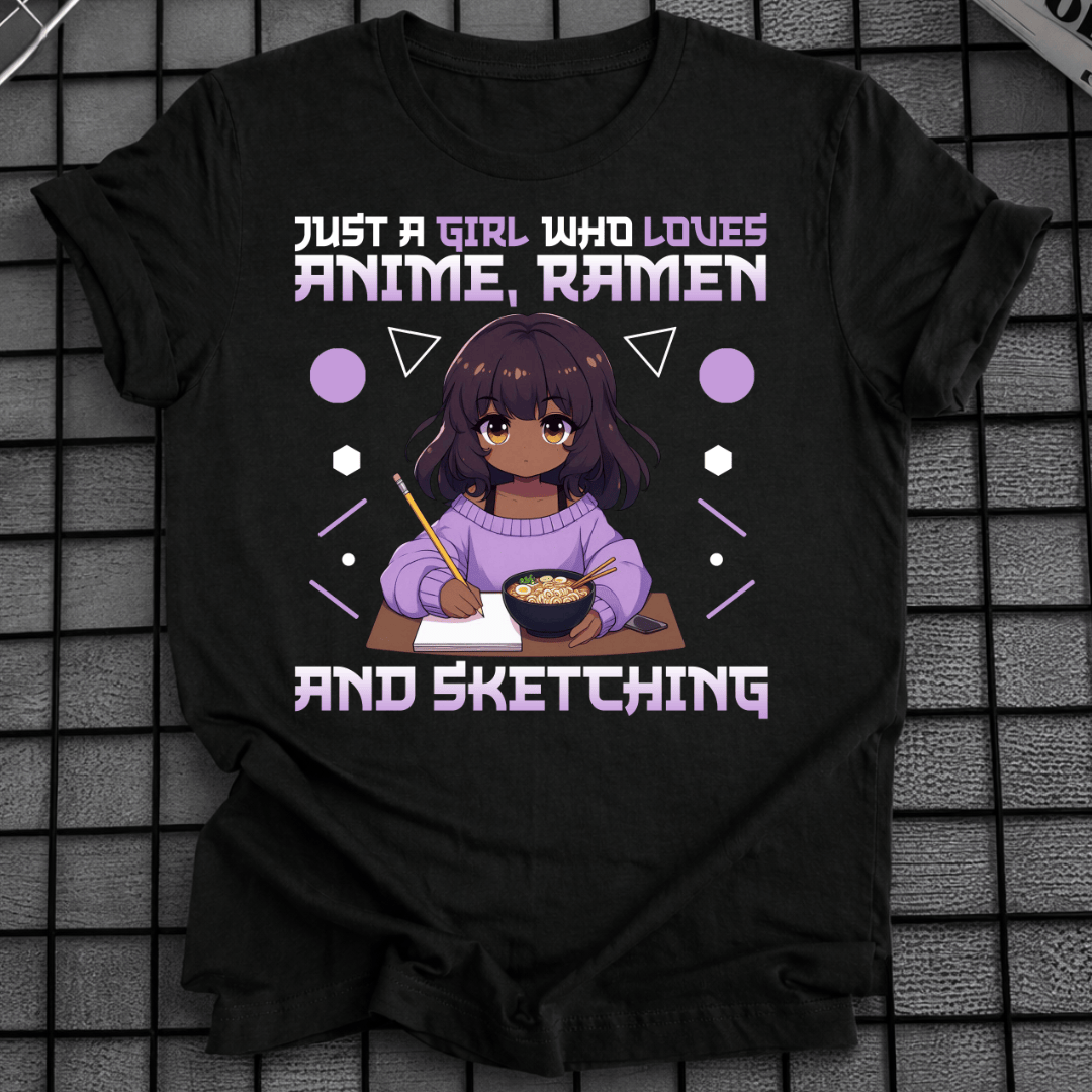 Mädchen, das Anime Ramen Skizzieren liebt T-Shirt