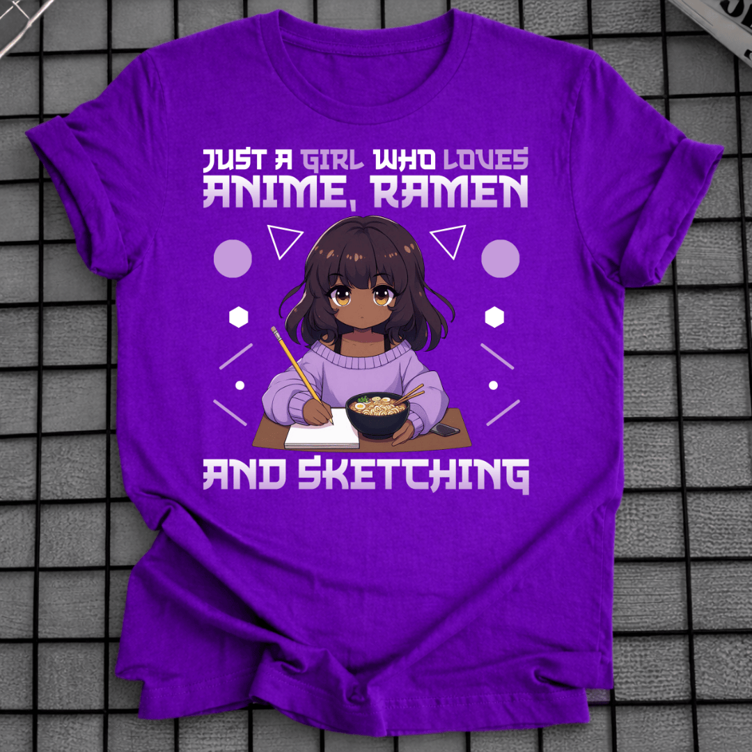 Mädchen, das Anime Ramen Skizzieren liebt T-Shirt