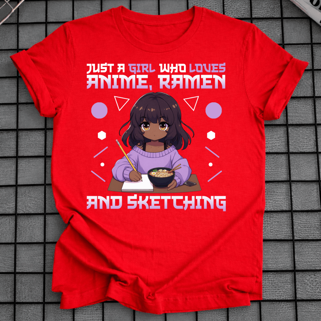 Mädchen, das Anime Ramen Skizzieren liebt T-Shirt