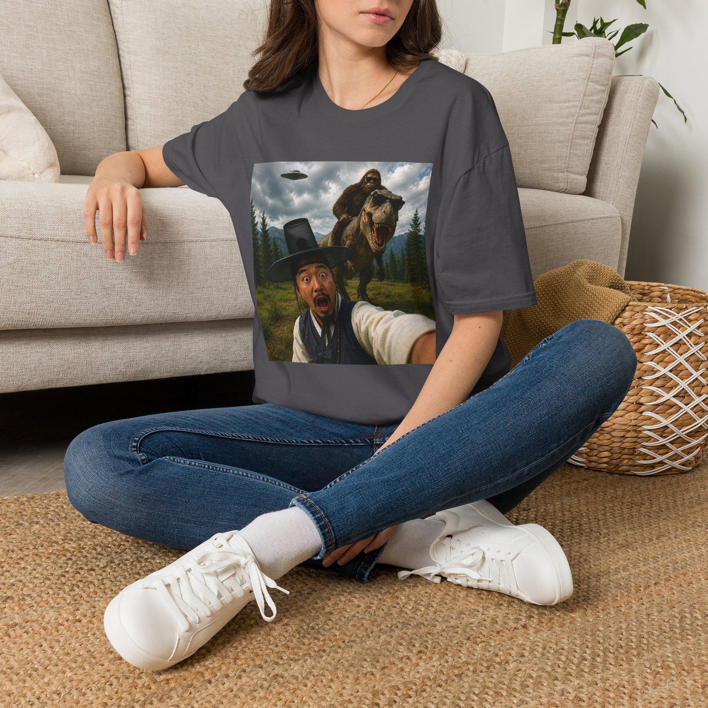 Funny Bigfoot Selfie T-Shirt — UFO, T-Rex & Sasquatch Wilderness Tee