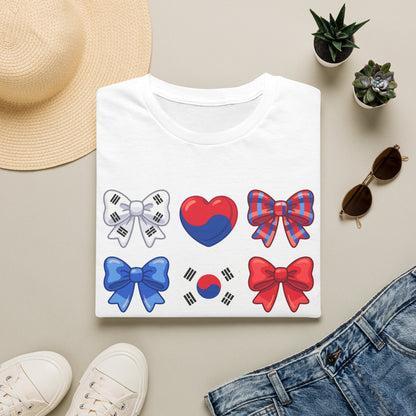South Korea Bow Graphic T‑Shirt — Korean Flag Heart & Ribbon Design