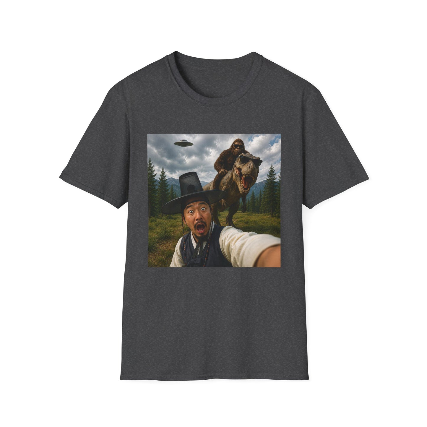 Funny Bigfoot Selfie T-Shirt — UFO, T-Rex & Sasquatch Wilderness Tee