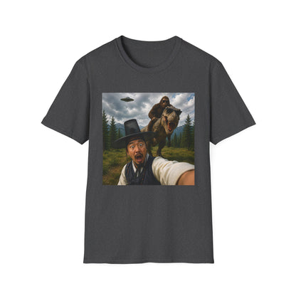 Funny Bigfoot Selfie T-Shirt — UFO, T-Rex & Sasquatch Wilderness Tee