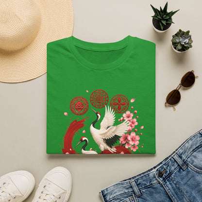 Crane & Cherry Blossom T-Shirt — Asian-Inspired Zen Floral Design