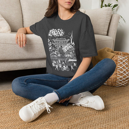 Korean Temple & Cherry Blossom T-Shirt — Seoul Pagoda Skyline Tee