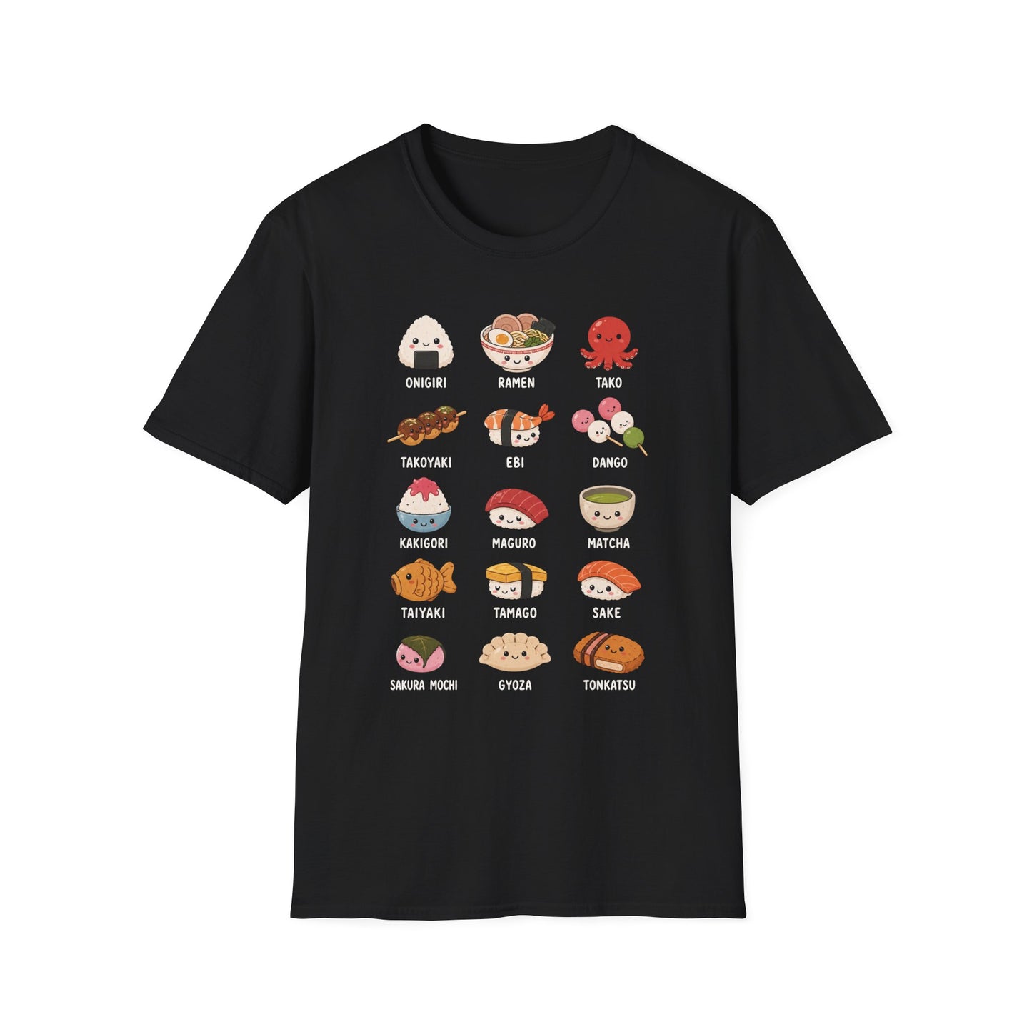 Kawaii Japanese Food Chart T-Shirt — Onigiri, Ramen, Takoyaki & More
