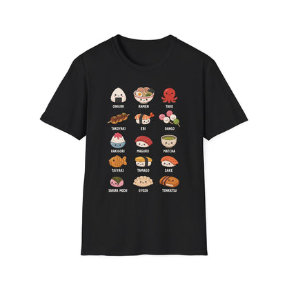 Kawaii Japanese Food Chart T-Shirt — Onigiri, Ramen, Takoyaki & More