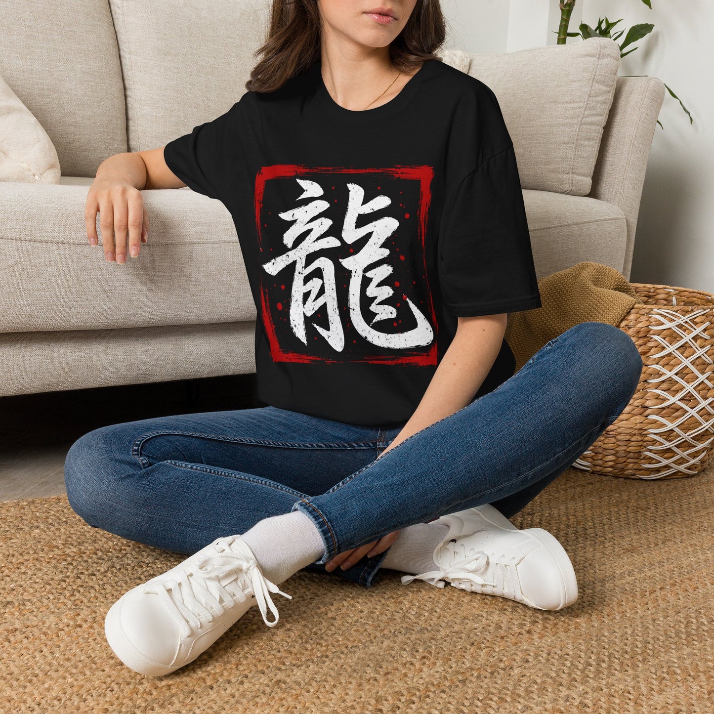 Dragon Kanji T-Shirt — Bold Red Stamp Japanese Calligraphy Tee