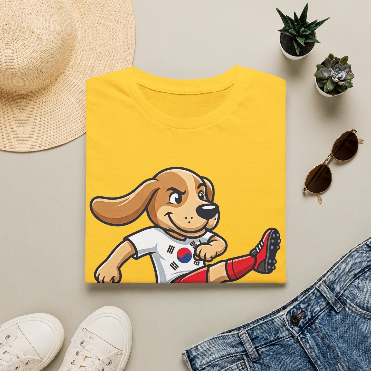 Kids’ Soccer Dog T-Shirt — Cute Cartoon Puppy Kicking Ball (Korean Flag Jersey)