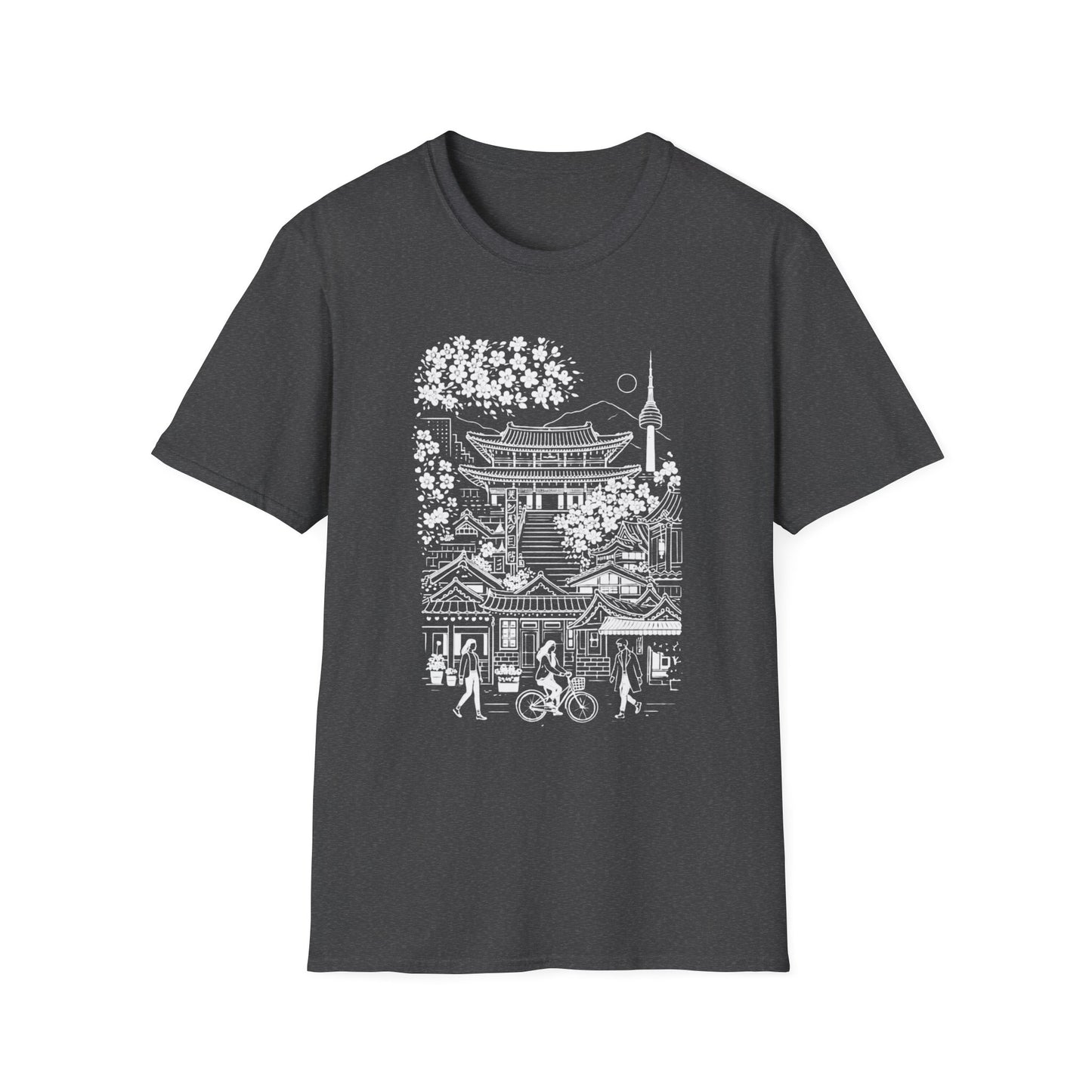 Korean Temple & Cherry Blossom T-Shirt — Seoul Pagoda Skyline Tee