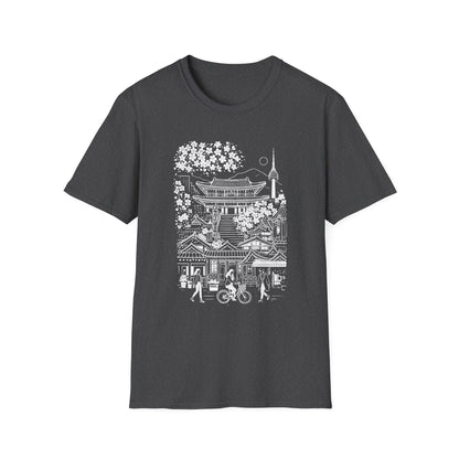 Korean Temple & Cherry Blossom T-Shirt — Seoul Pagoda Skyline Tee