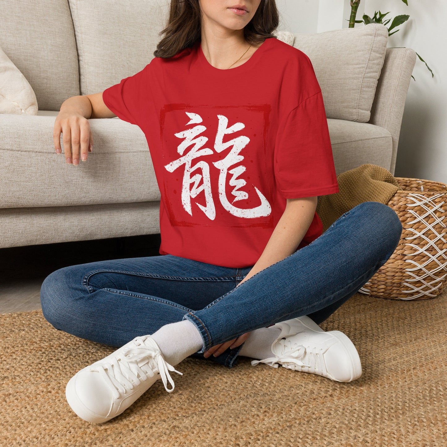 Dragon Kanji T-Shirt — Bold Red Stamp Japanese Calligraphy Tee