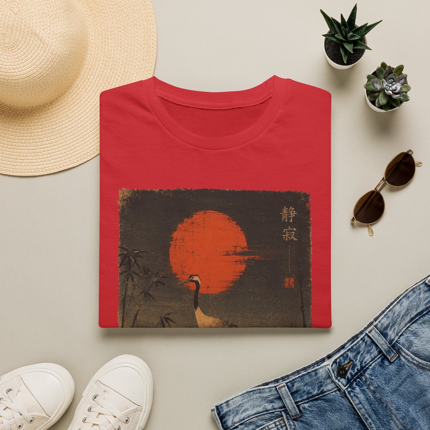 Crane & Red Sun T-Shirt — Japanese Vintage Sunset Tee