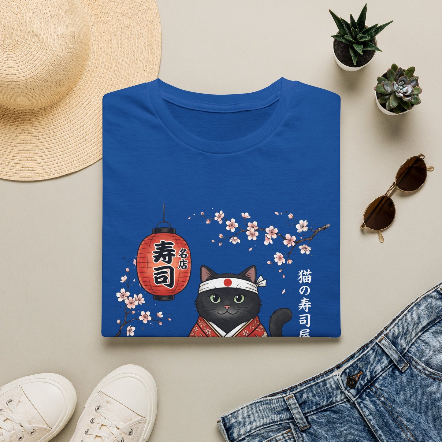 Sushi Cat T-Shirt — Kawaii Japanese Kimono Cat with Cherry Blossoms